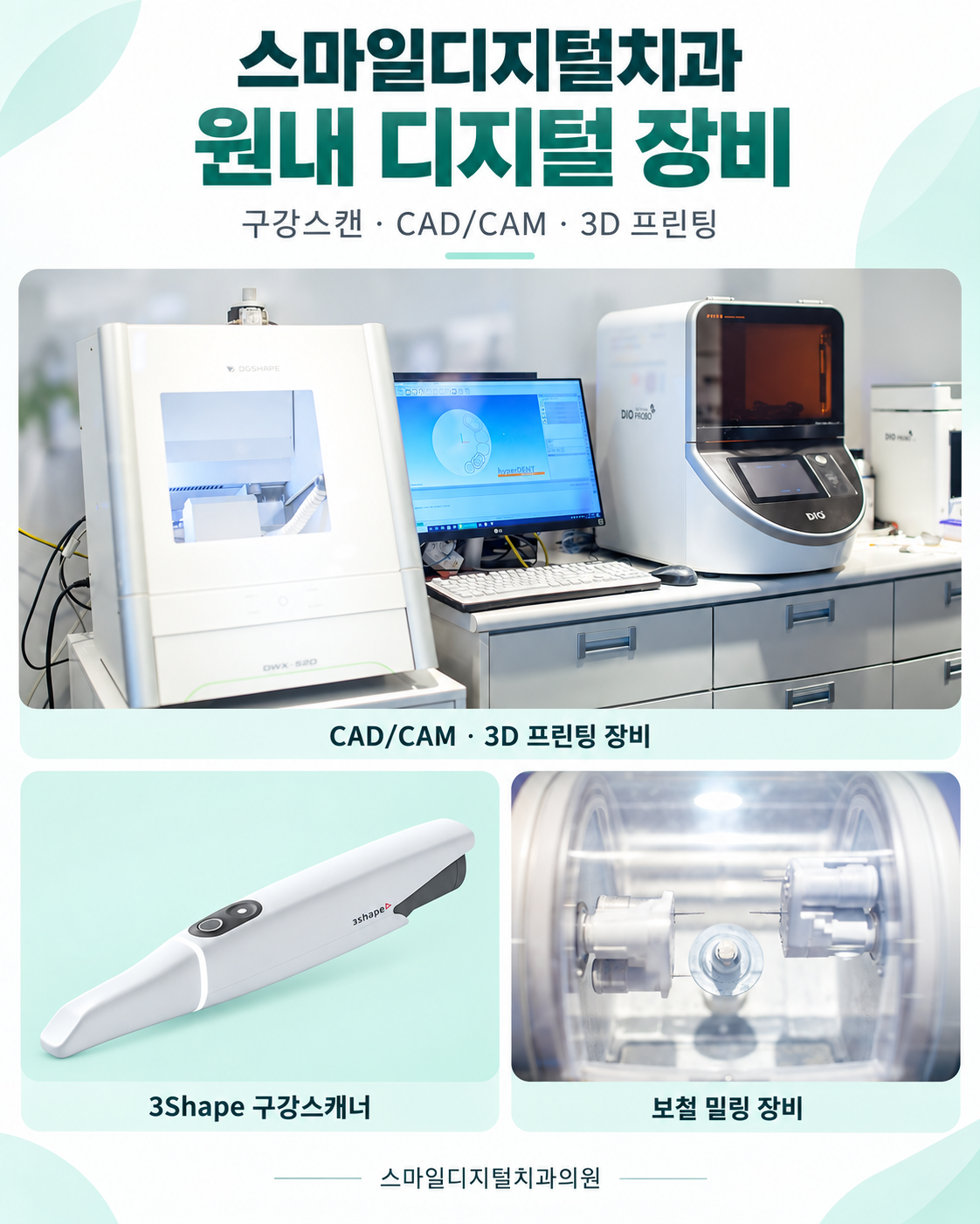 3Shape 구강스캐너와 보철 밀링 장비 등 스마일디지털치과의원 원내 디지털 장비를 보여주는 인포그래픽