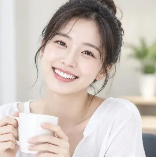 당일 크라운 상담 안내, 머그를 들고 웃고 있는 여성 모델 사진