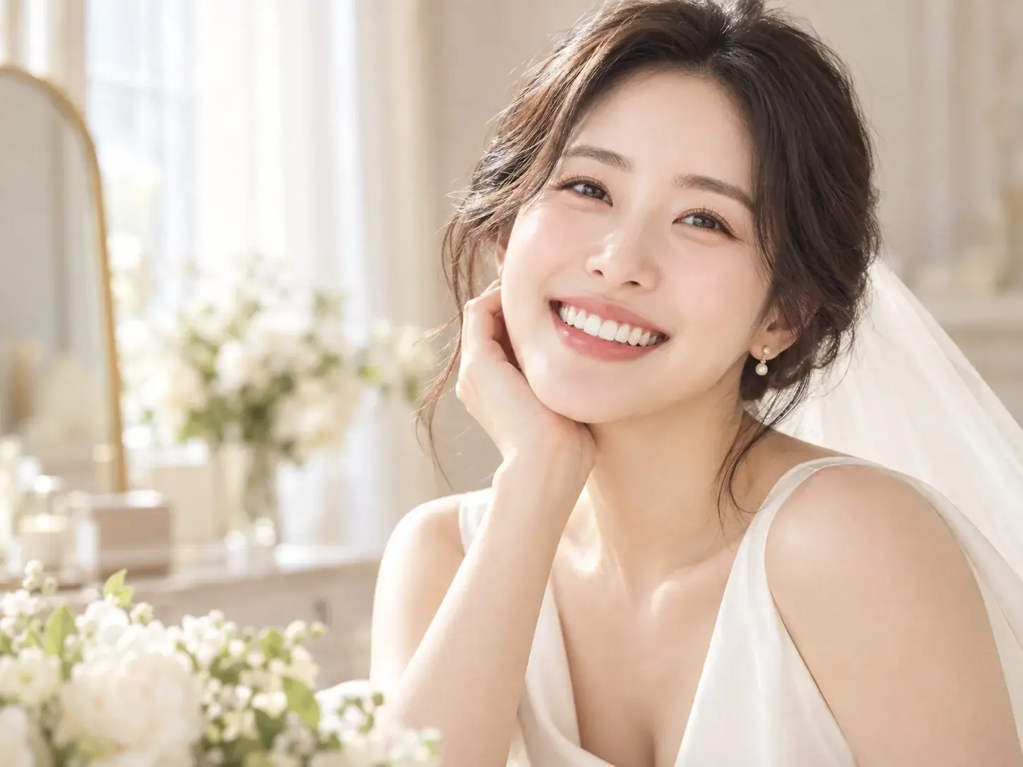 웨딩 베일을 쓰고 환하게 웃고 있는 예비신부 모델 사진