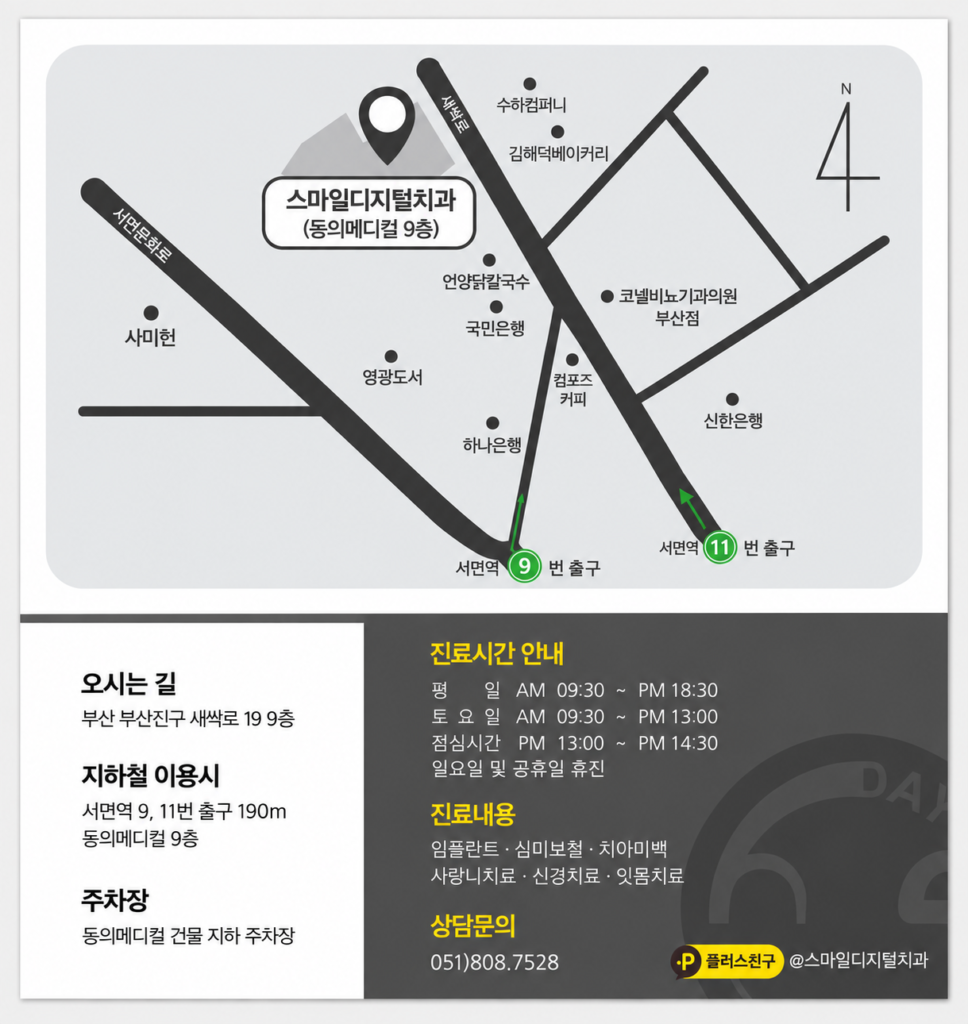 부산 서면 스마일디지털치과 위치 안내도와 진료시간 안내 - 서면역 9번, 11번 출구 약 190m, 동의메디컬 9층