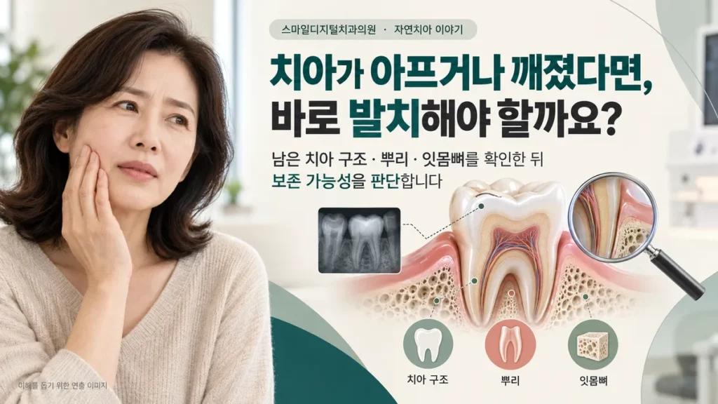 치아가 아프거나 깨졌다면 바로 발치해야 할까요: 남은 치아 구조, 뿌리, 잇몸뼈를 확인한 뒤 보존 가능성을 판단합니다 (이해를 돕기 위한 연출 이미지)