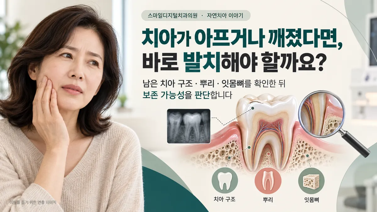 치아가 아프거나 깨졌다면 바로 발치해야 할까요: 남은 치아 구조, 뿌리, 잇몸뼈를 확인한 뒤 보존 가능성을 판단합니다 (이해를 돕기 위한 연출 이미지)