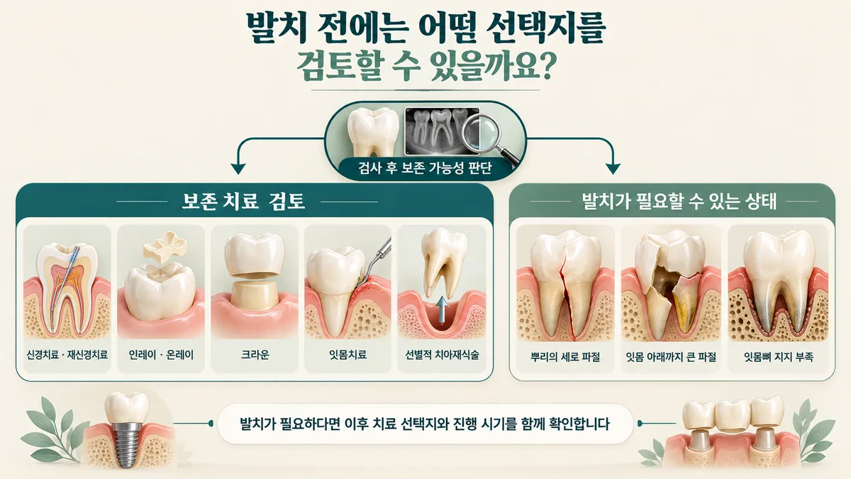 발치 전 검토할 수 있는 보존 치료(신경치료·재신경치료, 인레이·온레이, 크라운, 잇몸 치료, 선별적 치아재식술)와 발치가 필요할 수 있는 상태를 정리한 설명 일러스트