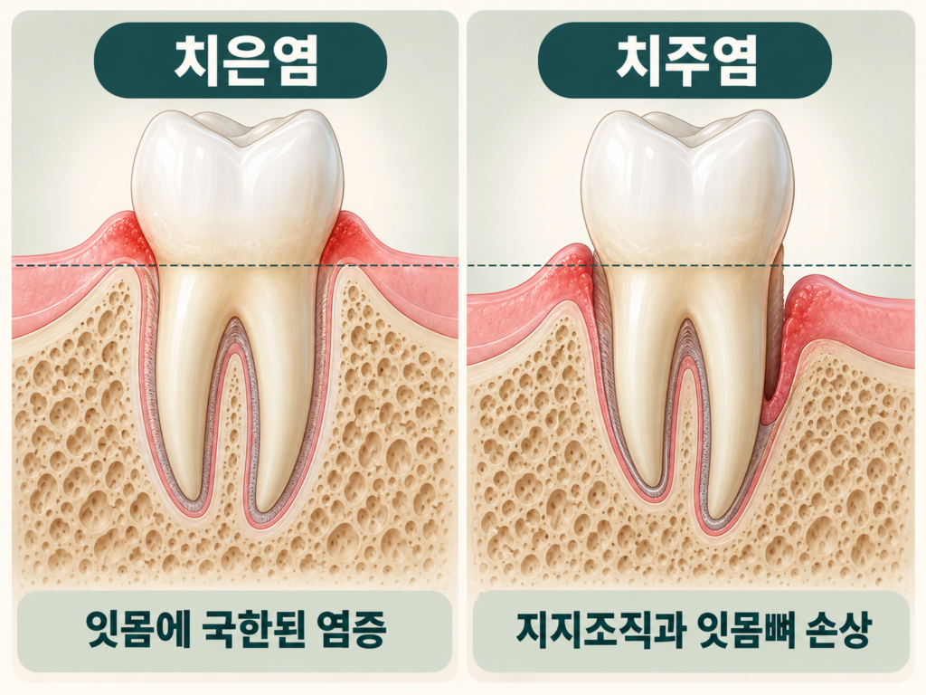 잇몸병 진행과정에서 치은염과 치주염을 비교한 설명 이미지